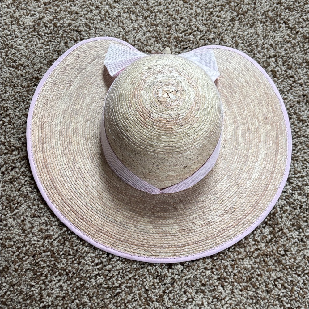 Natural Straw Panama Woven Hat with Pink Ribbon Band and Accents